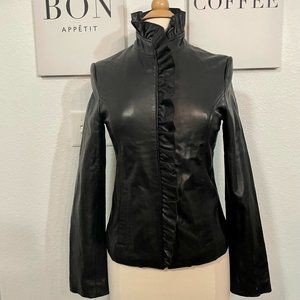 DKNY Genuine Leather Jacket Coat Ruffle Black